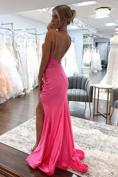 Charming Mermaid V Neck Pink Satin Long Prom Dresses with Beading AB061817