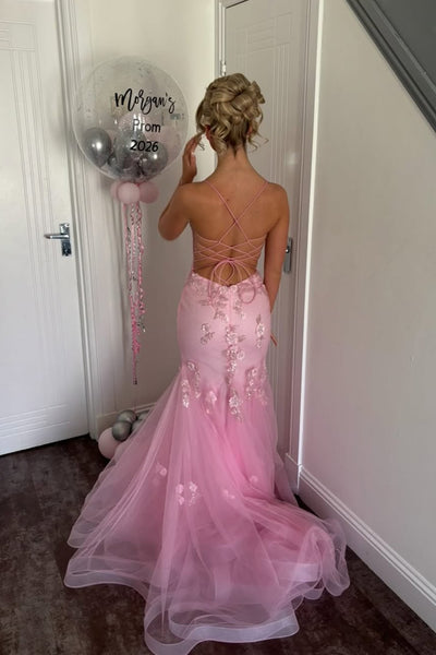 Mermaid Scoop Neck Pink Tulle Long Prom Dress AB26062803