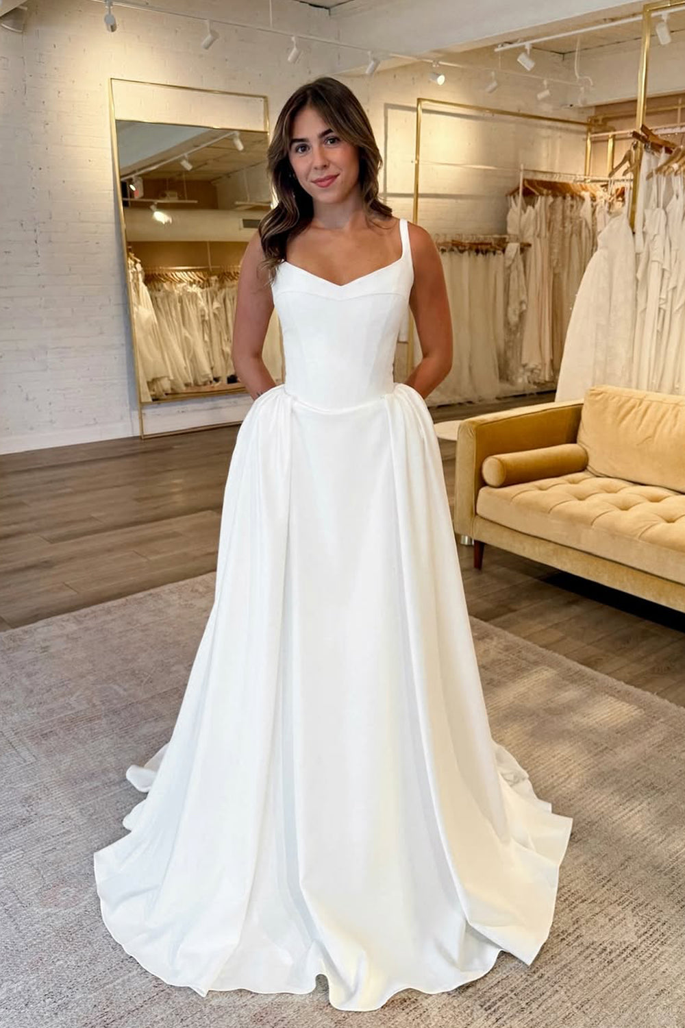 Elegant Mermaid V Neck Satin Wedding Dress with Pockets AB25101707