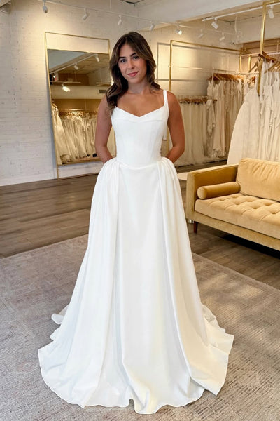 Elegant Mermaid V Neck Satin Wedding Dress with Pockets AB25101707