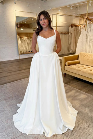 Elegant Mermaid V Neck Satin Wedding Dress with Pockets AB25101707