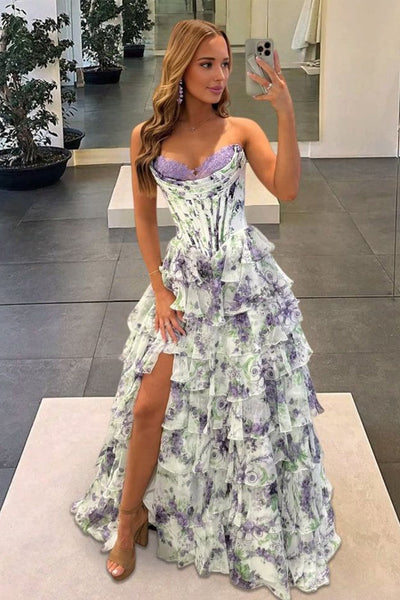 A Line Sweetheart Floral Chiffon Tiered Prom Dress with Slit AB16122802