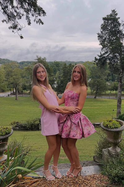 A Line Strapless Pink Jacquard Satin Short Homecoming Dress AB25092801