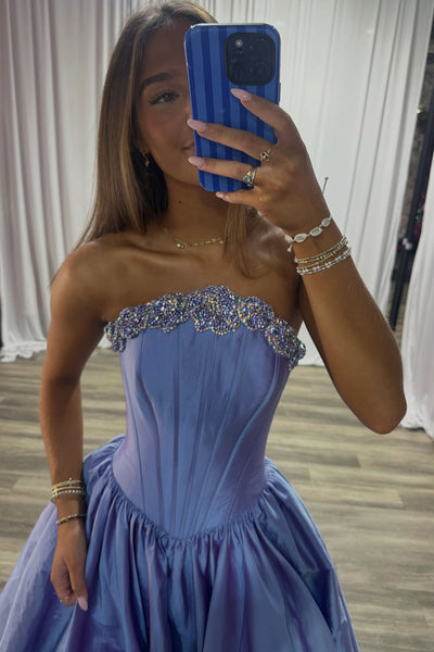 Gorgeous A Line Strapless Blue Satin Prom Dress with Beading AB26102502