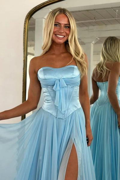 Cute A Line Strapless Light Blue Chiffon Long Prom Dress with Slit AB2622804