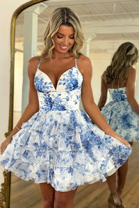 Cute A Line V Neck Floral Chiffon Homecoming Dresses AB25062104