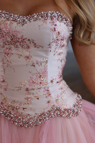A Line Sweetheart Light Pink Tulle Long Prom Dress with Beading AB26102106