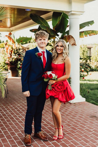 Cute A Line Scoop Neck Red Satin Short Homecoming Dress with Handmade Flowers AB25100707