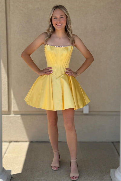 A Line Strapless Yellow Satin Homecoming Dress with Pearls AB26072014
