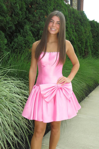 A Line Strapless Pink Satin Short Homecoming Dress AB26062805