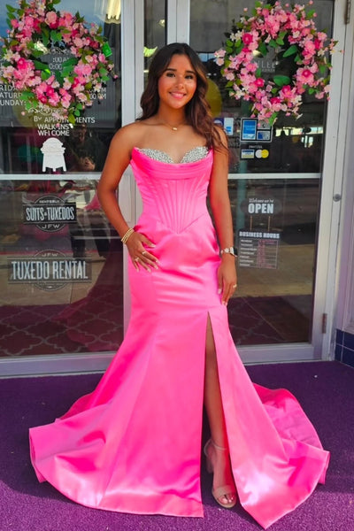 Fashion Mermaid Sweetheart Pink Satin Prom Dress with Beading AB26062121