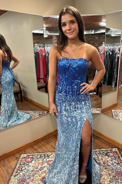 Mermaid Strapless Blue Sequins Long Prom Dress with Slit AB4050605