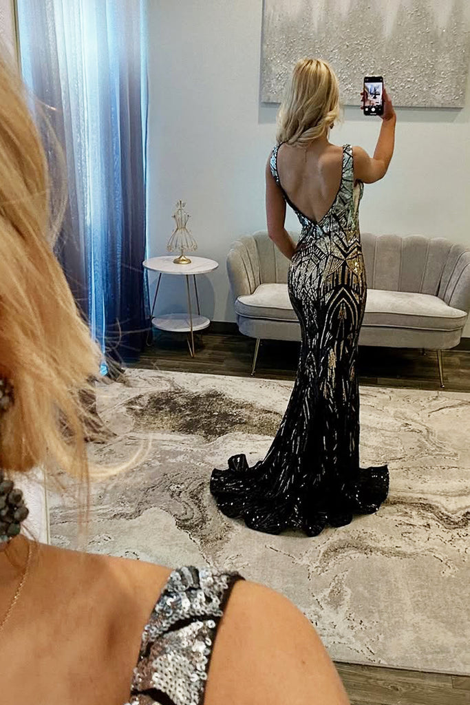 Sparkly Mermaid V Neck Black Gold Sequins Long Prom Dress with Slit AB Anniebride Sparkly Mermaid V Neck Black Gold Sequins Long Prom Dress with Slit AB Anniebride