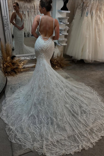 Luxurious Mermaid Deep V Neck Sequins Lace Wedding Dress AB05060705
