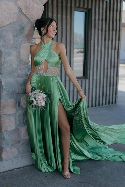 Stunning A Line Hatler Neck Green Pleant Satin Prom Dress with Beading AB26041708