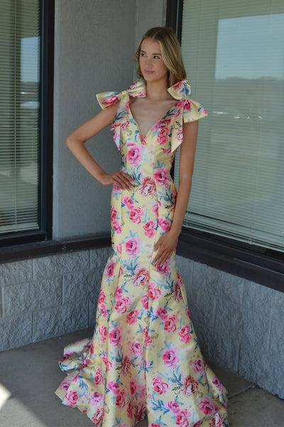 Cute Mermaid V Neck Floral Satin Long Prom Dress AB26040107