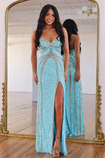 Charming Mermaid V Neck Aqua Sequins Prom Dress with Beading AB26102501