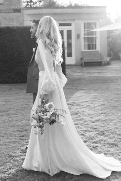 Fairy A Line Deep V Neck Silk Satin Long Wedding Dresses with Open Back AB082405