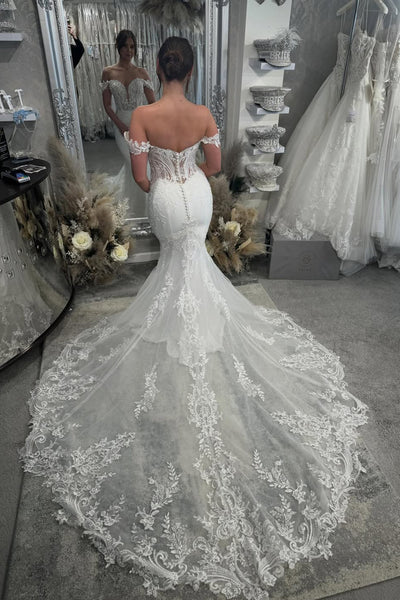 Gorgeous Off the Shoulder Mermaid Sequins Lace Wedding Dress with Appliques AB26022810