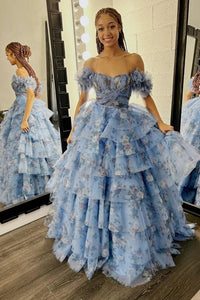 Blue Floral Tiered A-Line Long Prom Dress with Ruffles AB4042802