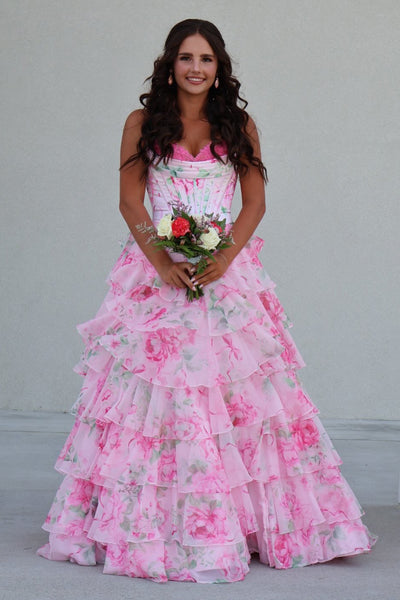 Cute A Line Sweetheart Pink Floral Chiffon Prom Dress with Slit AB26042109