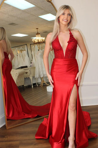 Mermaid Halter Red Sequins Long Prom Dresses with Slit AB25031802