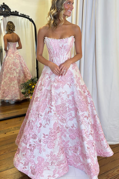 Gorgeous A Line Scoop Neck Pink Jacquard Satin Prom Dress with Peals AB26010610