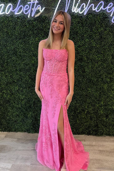 Cute Mermaid Scoop Neck Pink Lace Prom Dress with Slit AB26012407