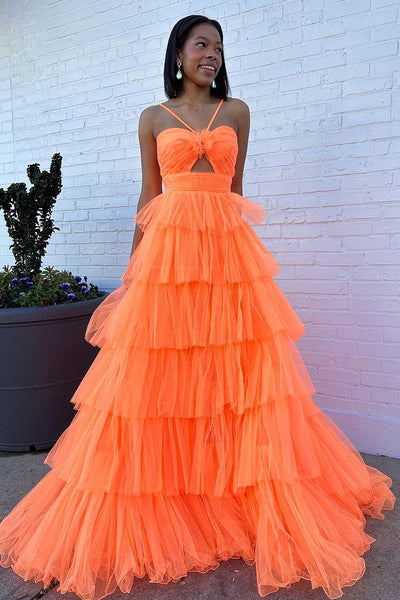 Cute Ball Gown Sweetheart Orange Tulle Tiered Long Prom Dress AB4020105
