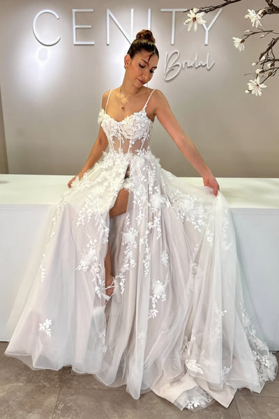 Bohomian A Line V Neck Tulle Wedding Dress with Appliques AB25120408
