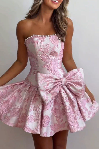 A Line Strapless Pink Jacquard Satin Short Homecoming Dress with Bow AB26061405