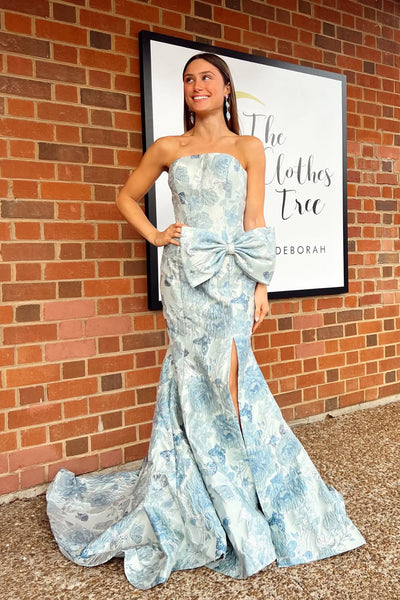 Gorgeous Mermaid Strapless Jacquard Satin Prom Dress with Bow AB26022807