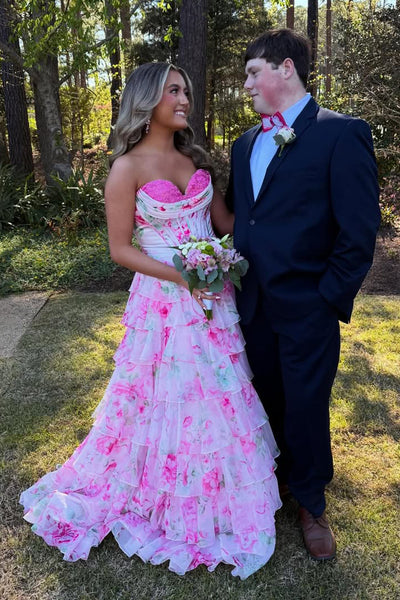 Cute A Line Sweetheart Pink Floral Chiffon Prom Dress with Slit AB26033004