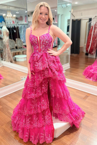 A Line V Neck Fuchsia Ruffle Tiered Long Prom Dress with Appliques AB4032002