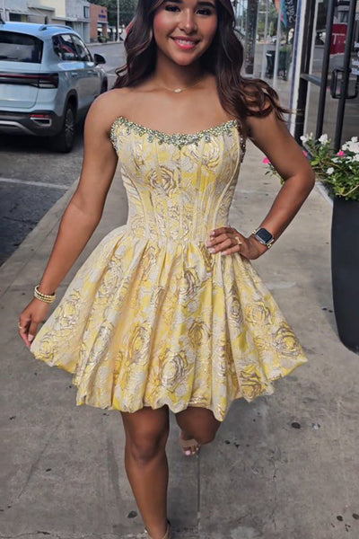A Line Strapless Yellow Jacquard Satin Homecoming Dress with Beading AB26061512