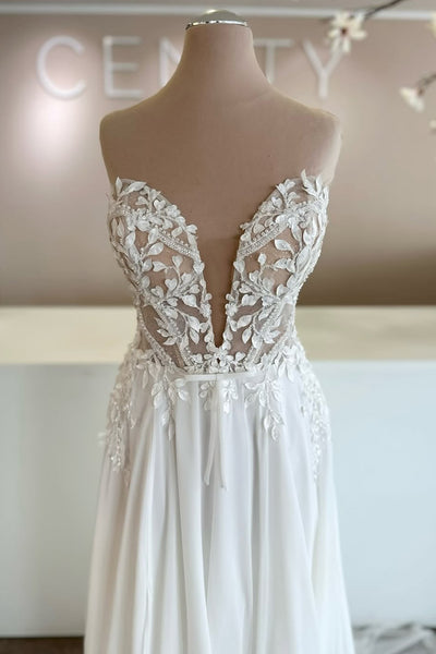 A Line Deep V Neck Chiffon Beach Wedding Dress with Appliques AB26060816