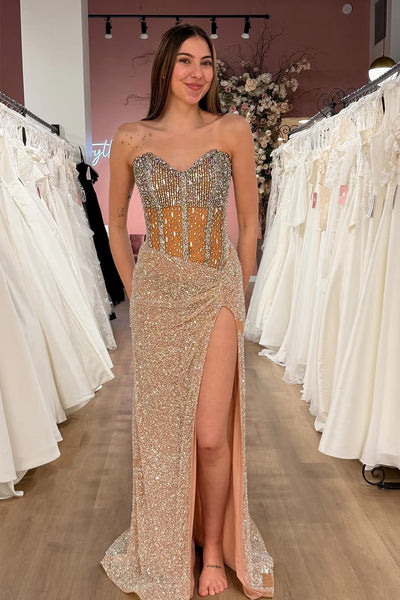 Gorgeous Mermaid Sweetheart Gold Sequins Prom Dress with Beading AB26051711