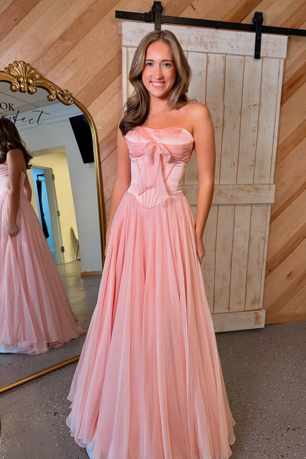 Cute A Line Strapless Chiffon Long Prom Dress with Bow AB25102610