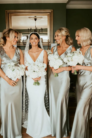 Fashion Sheath V Neck Sage Green Silk Satin Long Bridesmaid Dress AB24120918