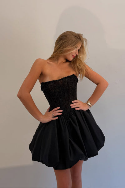 A Line Strapless Black Satin Short Homecoming Dress with Beading AB26073002