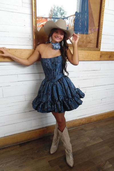 A Line Scoop Neck Navy Jacquard Satin Homecoming Dress AB26060903