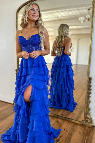 Cute A-Line Strapless Royal Blue Ruffle Tiered Chiffon Long Prom Dress AB4033004