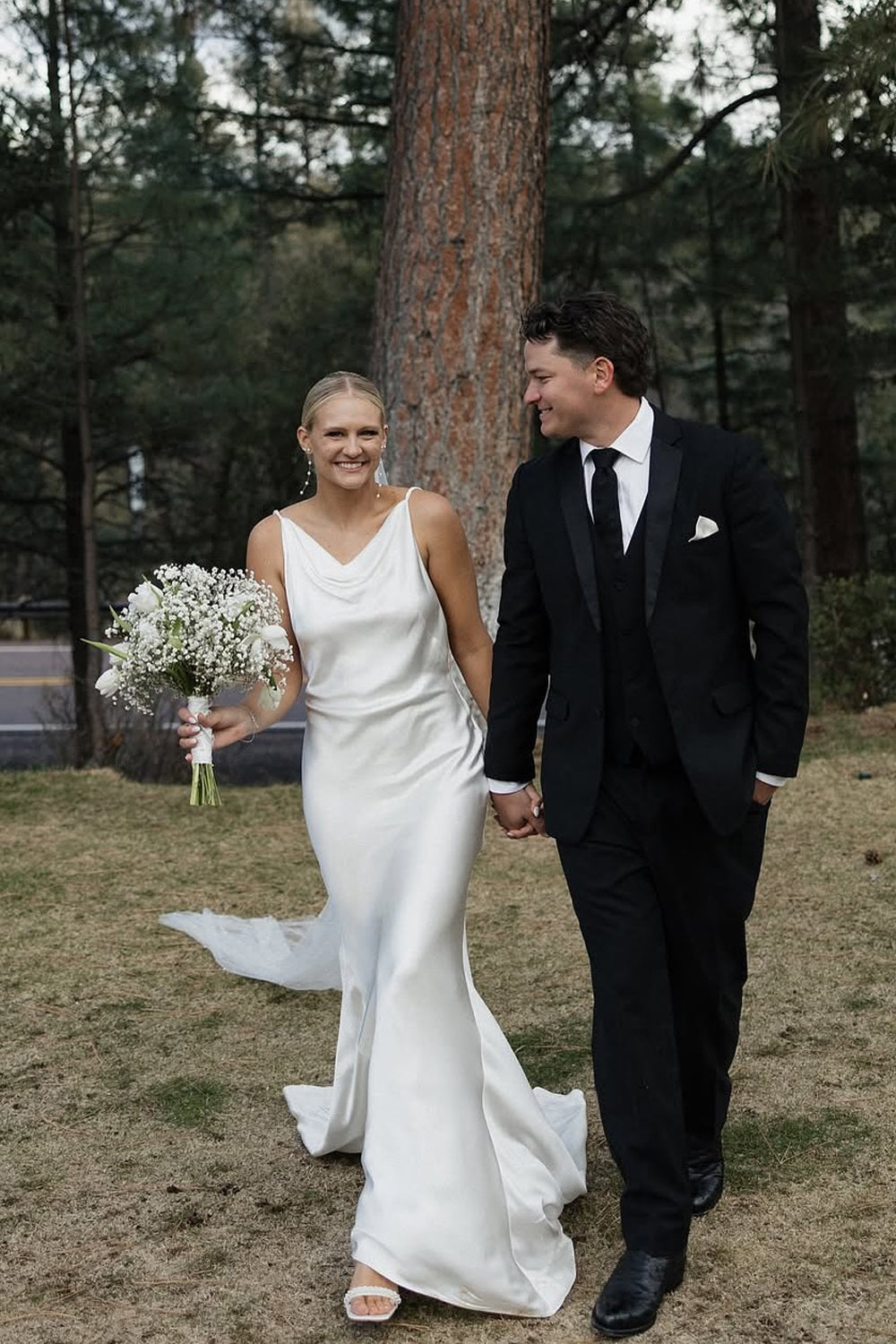 Fashion Mermaid Cowl Neck Silk Satin Wedding Dress with Train AB25050707