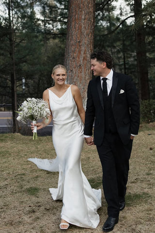 Fashion Mermaid Cowl Neck Silk Satin Wedding Dress with Train AB25050707