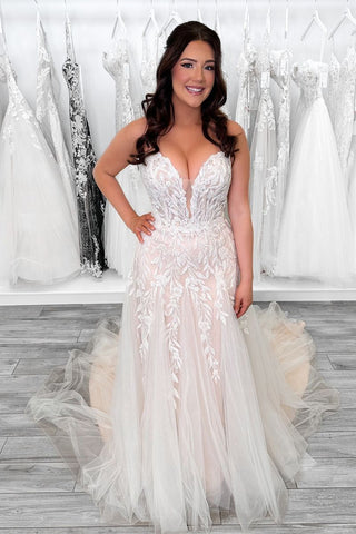 Elegant A Line V Neck Sequins Lace Tulle Long Bridal Dresses AB24103107