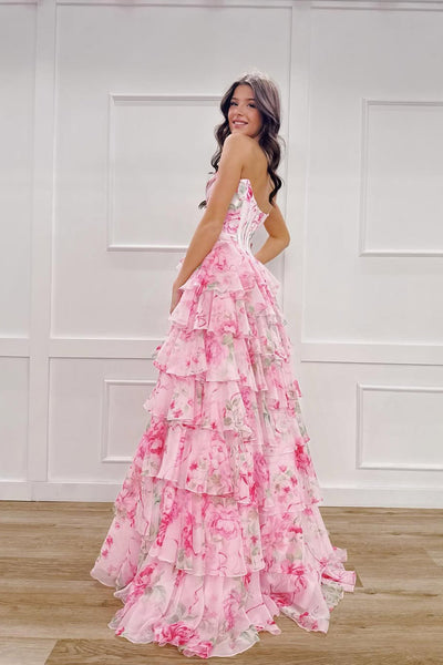 Cute A Line Sweetheart Pink Floral Chiffon Long Prom Dress with Slit AB32122907