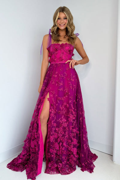 A-Line Sweetheart Purple Lace Long Prom Dresses with Slit AB25031803