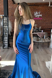 Royal Blue Scoop Neck Satin Mermaid Long Prom Dress AB4042702