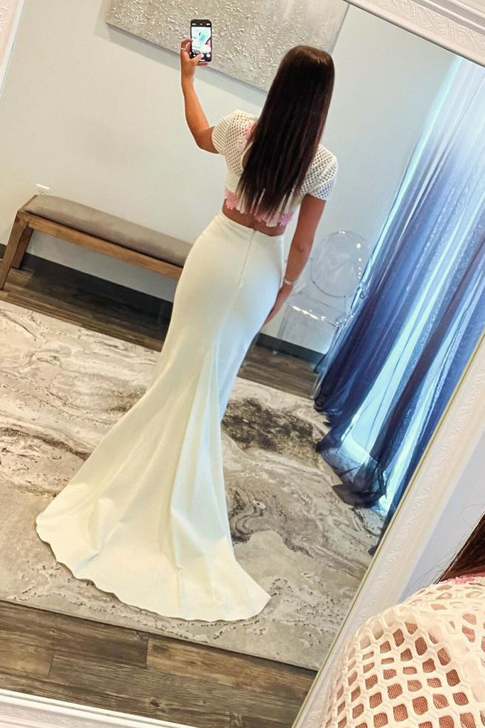 two piece short sleeve prom dress Blush Pink Cap Sleeves Two Piece Short Prom Dress | Graudation Homecoming Dress