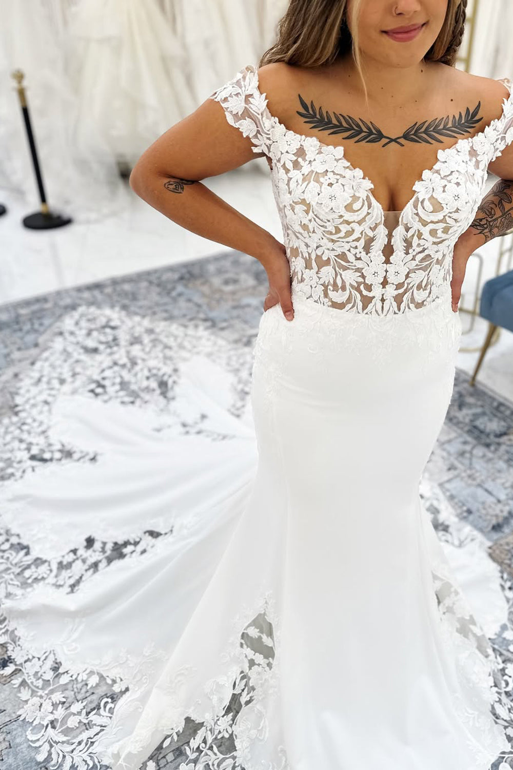 Mermaid Off the Shoulder Elastic Satin Wedding Dress with Appliques AB05060202